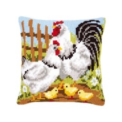 Cross stitch cushion kit Chicken family on a farm