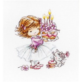 Luca-S Embroidery kit Girl with a Kitten and a Cake